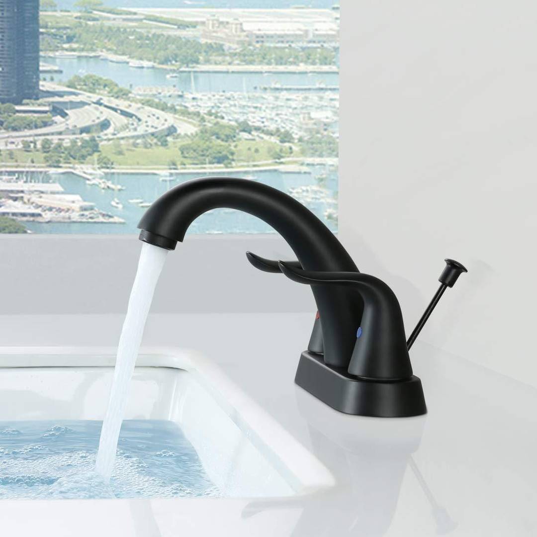 Matte Black Bathroom Sink Faucet - 2 Handle Centerset 4" Spread, 360° Swivel Spout, Brass Construction With Hoses