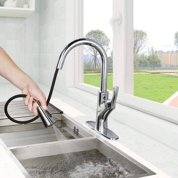 2 3 Kitchen Sink Faucet ទាញចុះក្រោម Chrome Sprayer