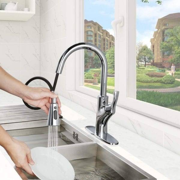 2 4 Kitchen Sink Faucet ទាញចុះក្រោម Chrome Sprayer