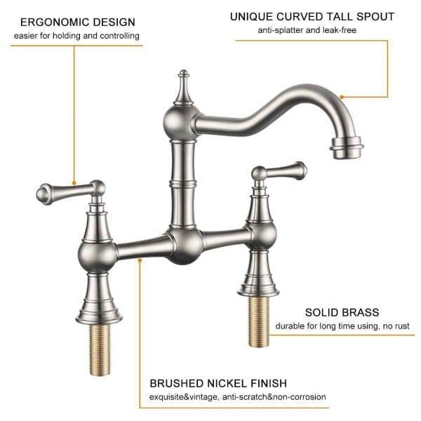 WOWOW 8 Inch Brushed Nickel Bridge Kitchen Sink Faucet