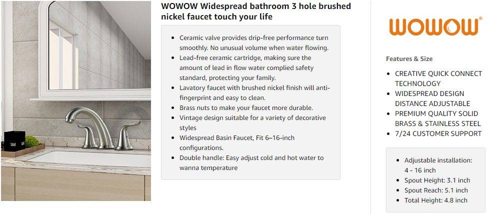 WOWOW Grifo de lavabo de baño de níquel cepillado de ancho