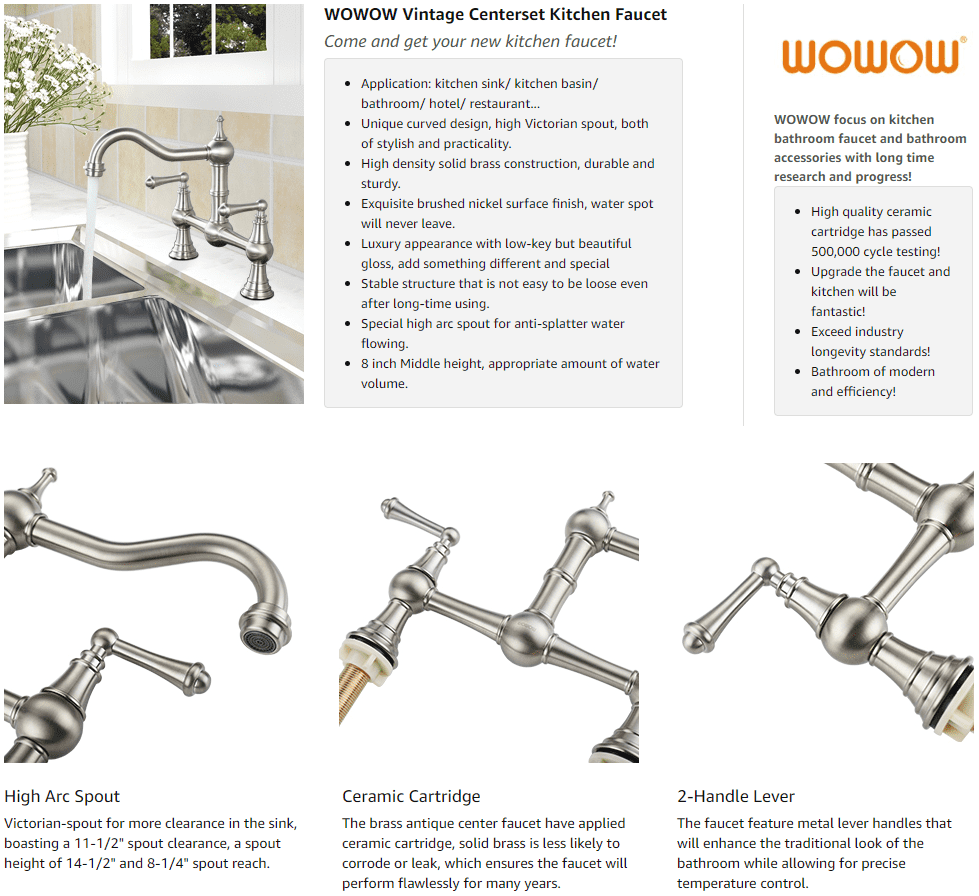 Keran Mixer WOWOW Bridge Kitchen Sink - Brushed Nickel