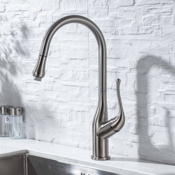 WOWOW Brushed Nickel Pull Down Kitchen Mixer Taps 6