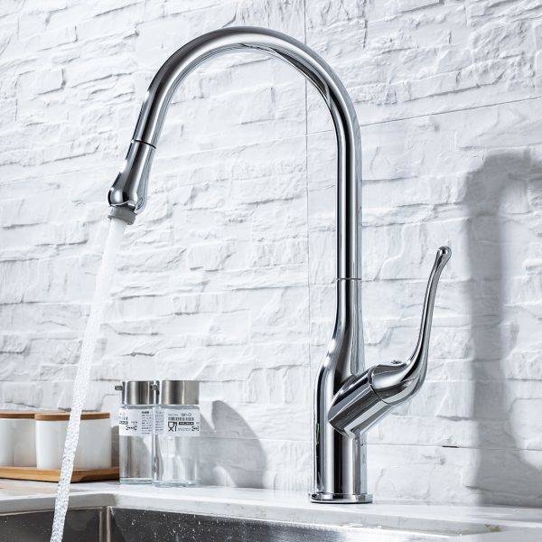 WOWOW Chrome Kitchen Sink Faucet ດ້ວຍເຄື່ອງສີດພົ່ນດຶງອອກ 3