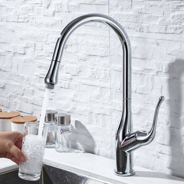 WOWOW Chrome Kitchen Sink Faucet ດ້ວຍເຄື່ອງສີດພົ່ນດຶງອອກ 4
