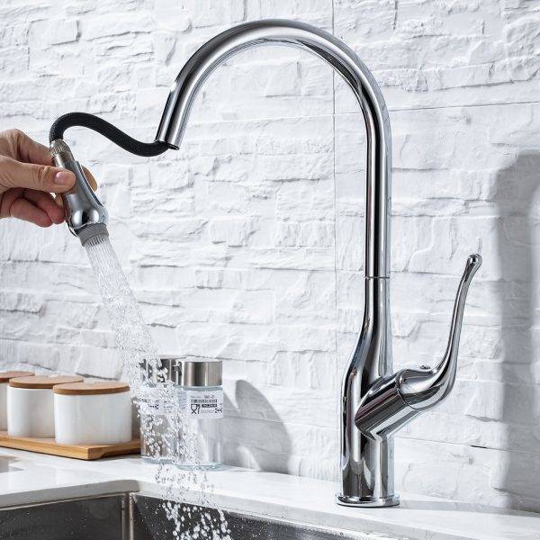 WOWOW Chrome Kitchen Sink Faucet ດ້ວຍເຄື່ອງສີດພົ່ນດຶງອອກ 6