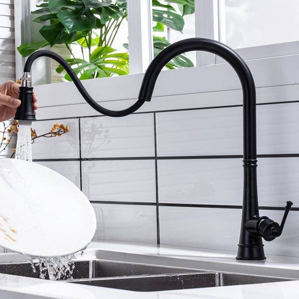 WOWOW Matte Black Pull Down Spray Kitchen Faucet 1 2