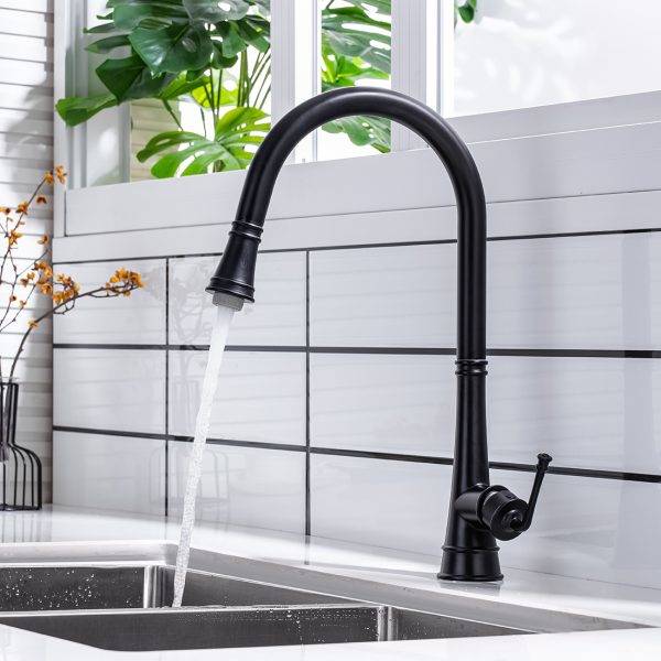 WOWOW Matte Black Pull Down Spray Kitchen Faucet 1 4