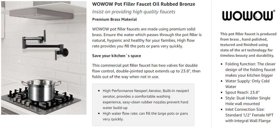 WOWOW Oil Rubbed Bronze Pot Filler Wall Mount