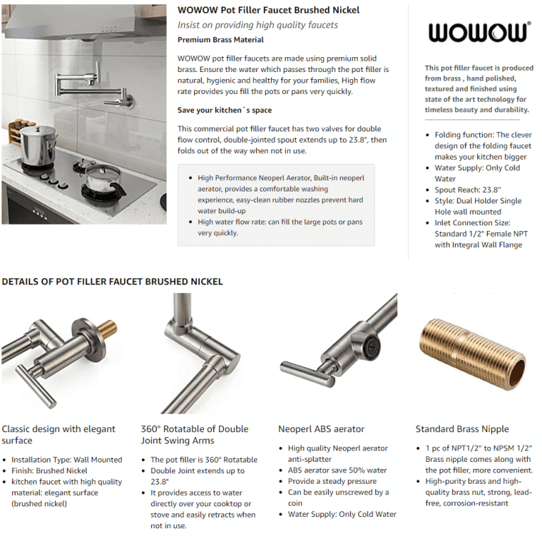 WOWOW Pot Filler Brushed Nickel Swing Arm Commercial Kitchen Faucet