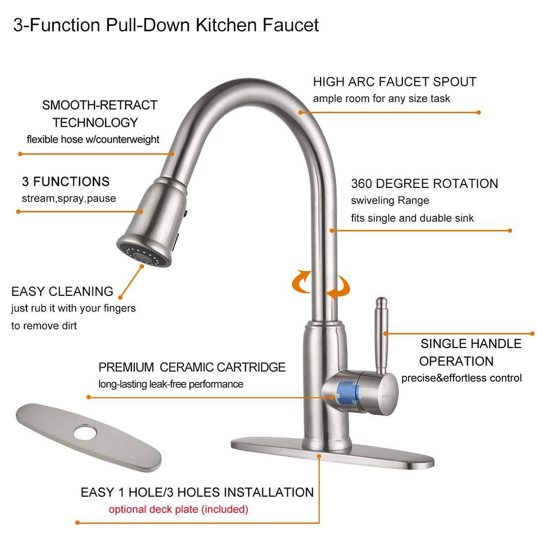 WOWOW Top Rated Pull Down Kitchen Faucets Brushed Nickel