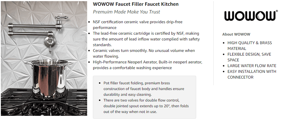 I-WOWOW Pot Filler Faucet ngaphezulu kwe-Stove kwi-Nickel eyi-Bronze