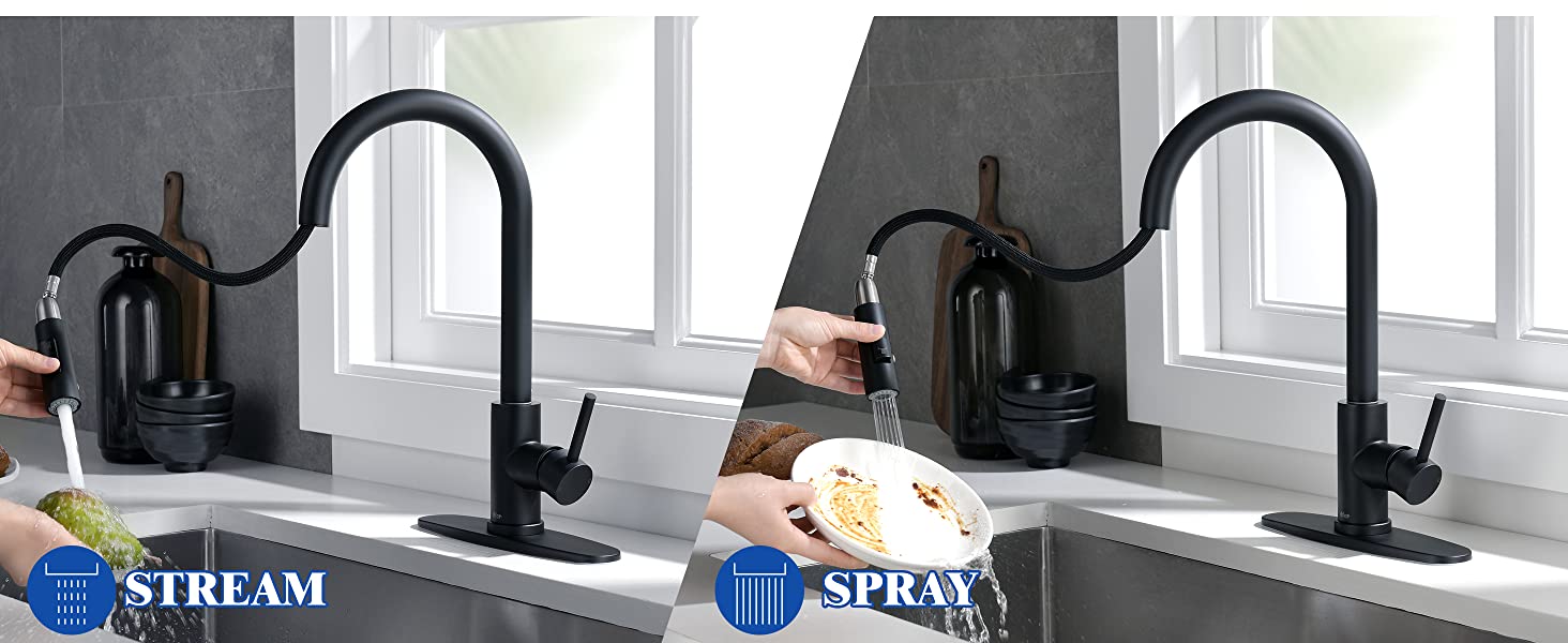 wowow matte black pull down spray kitchen faucet 2 1