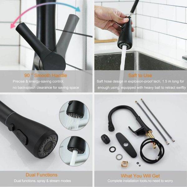 wowow matte black pull down spray kitchen faucet 2
