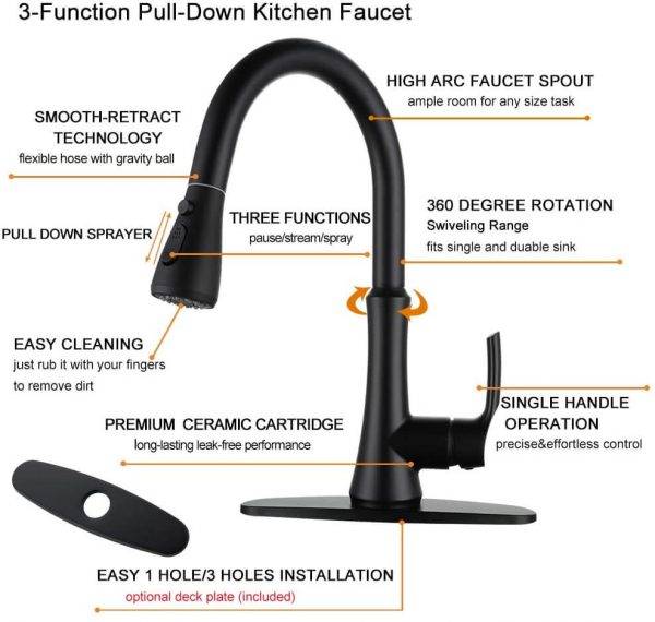 wowow matte black pull down spray kitchen faucet 4