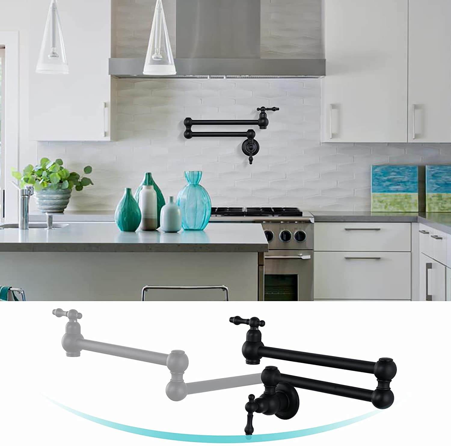 Wall Mount Folding Pot Filler Kitchen Faucet Stretchable Double Joint Black 