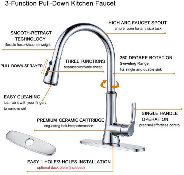 wowow single handle kitchen faucet with pull down spray chrome 2 3