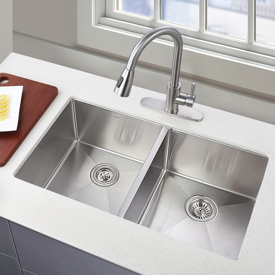 WOWOW Double Bowl Kitchen Sink With Grid And Drain