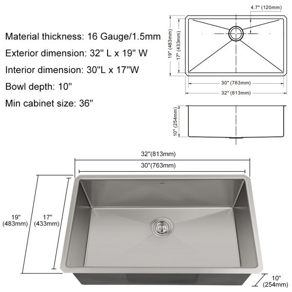 Undermount Kitchen Sink Single Bowl Stainless Steel 32 Inch 2