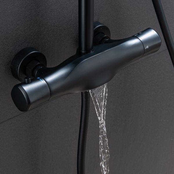 Termosztatikus zuhanytartó falra szerelhető matt fekete rozsdamentes acél 3 funkció kézi permetezővel 5