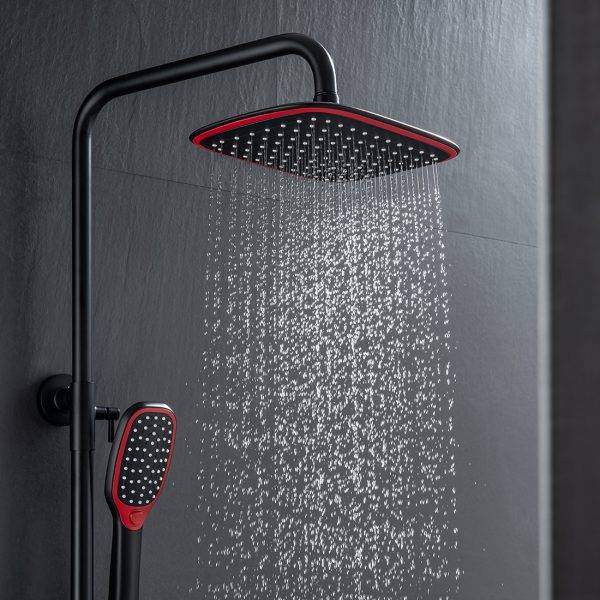 Termosztatikus zuhanyrendszer Esőzuhanyfej fekete és piros kézi készletekkel 4
