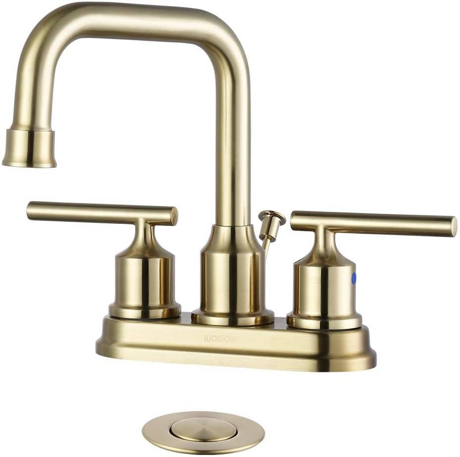 wowow brushed gold bathroom faucet 4 inch bathroom sink faucet 3 hole rv bathroom faucets for sink 2 handle vanity faucet with drain assembly