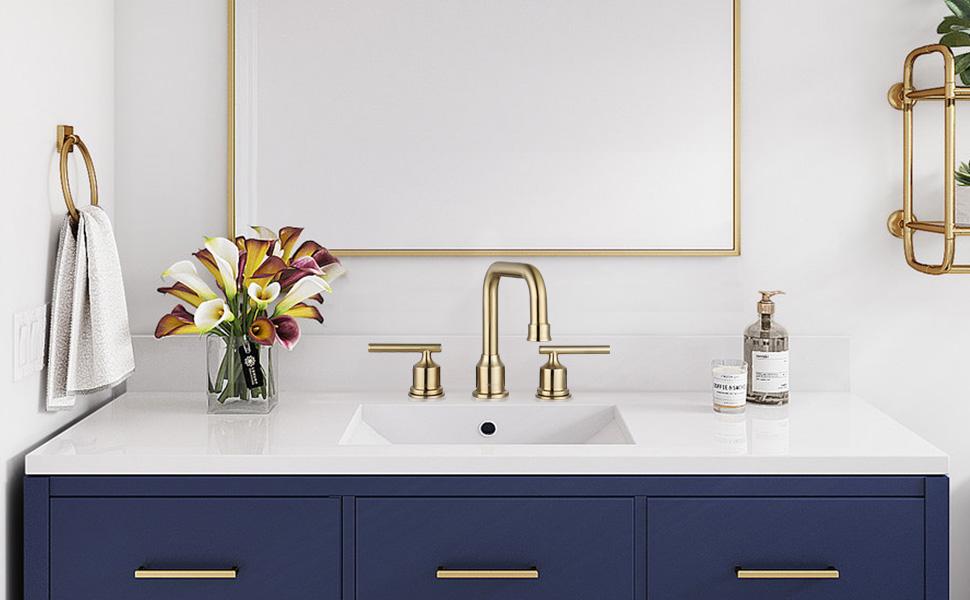 brushed golden widespread bathroom sink faucet