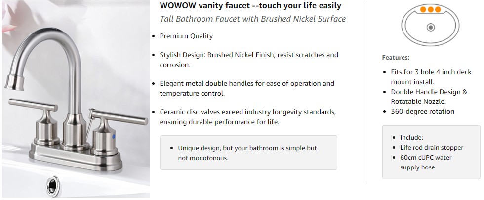 wowow 4 ນິ້ວ centerset ຫ້ອງນ້ໍາ faucet 3 ຮູ brushed nickel ຫ້ອງນ້ໍາ sink faucet 14