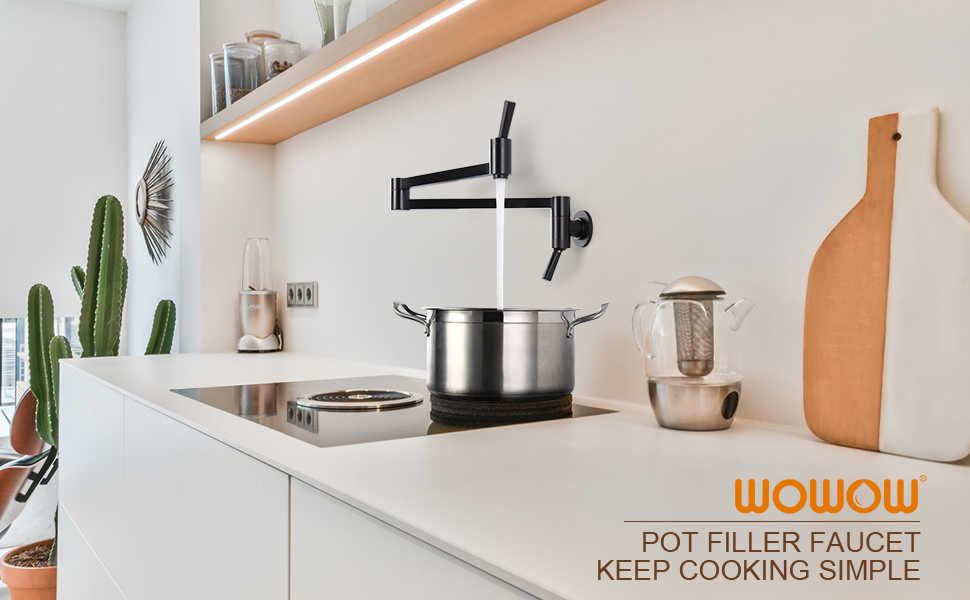 WOWOW Pot Filler Folding Faucet Brass Wall Mount Matte Black Kitchen Faucet