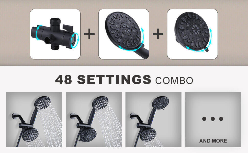 wowow 48 functions dual rain shower head system with handheld black