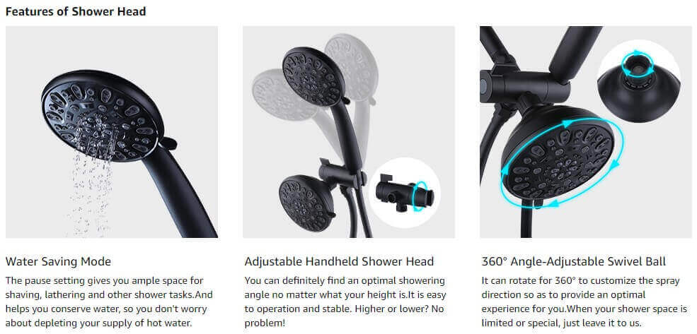 wowow 48 functions dual rain shower head system with handheld black