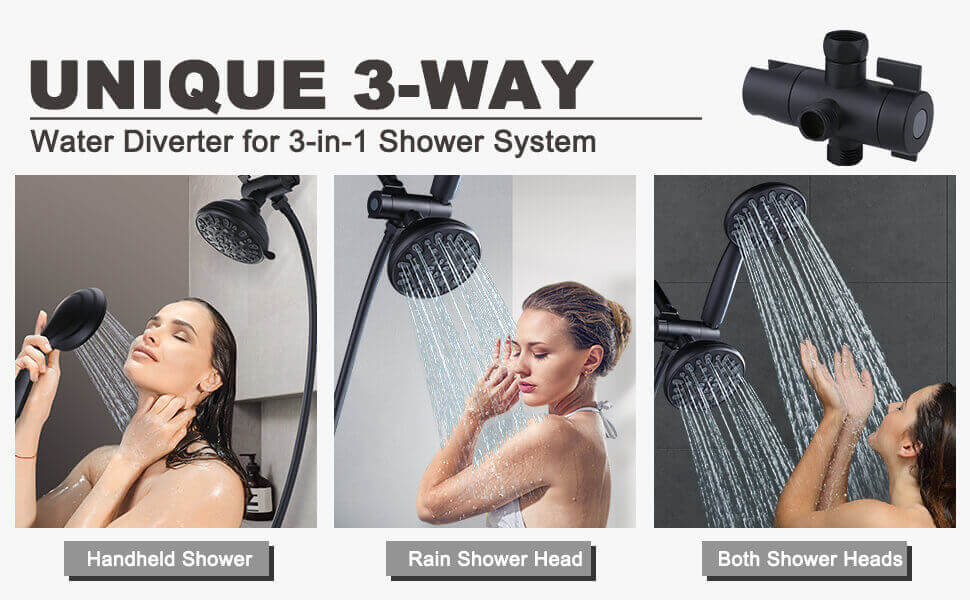 wowow 48 functions dual rain shower head system with handheld black