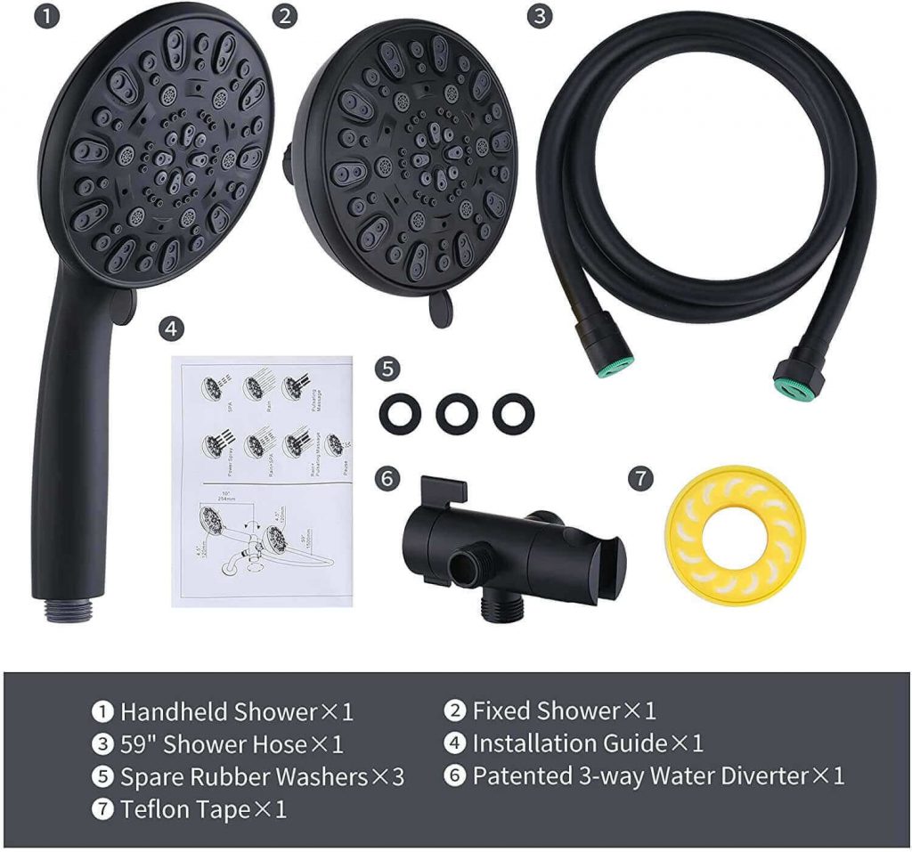 WOWOW 48 Functions Dual Rain Shower Head System with Handheld Black
