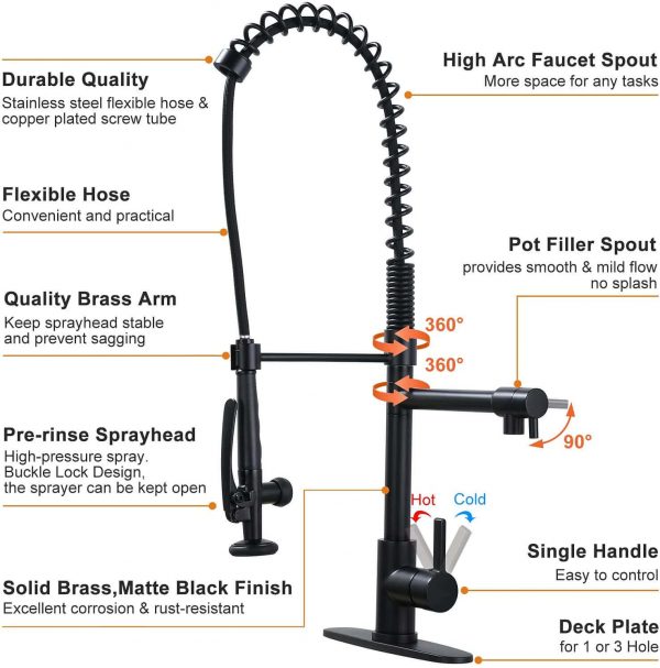 wowow spring commercial black kitchen faucet with pre rinse sprayer