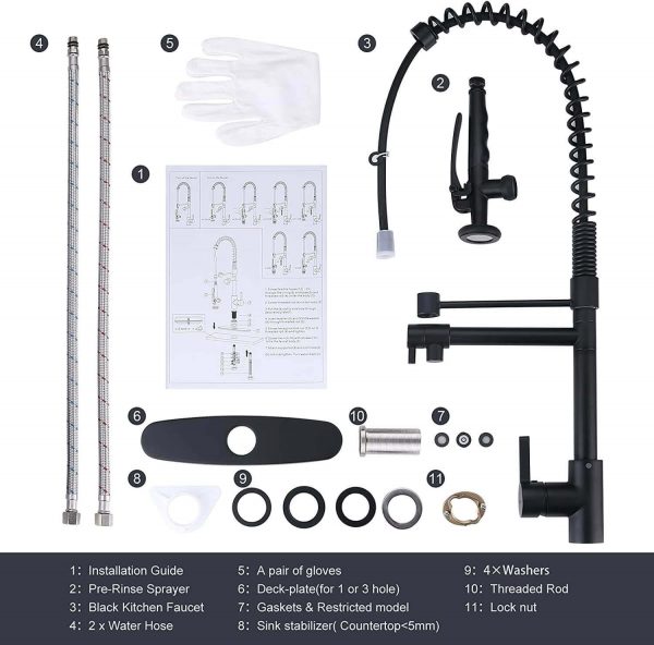 wowow spring commercial black kitchen faucet with pre rinse sprayer