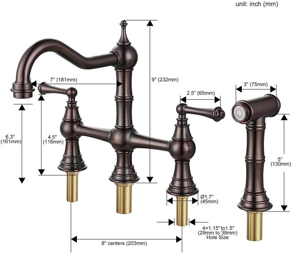 wowow bronzový centeretový kuchynský faucet so 4 otvormi a bočným postrekovačom