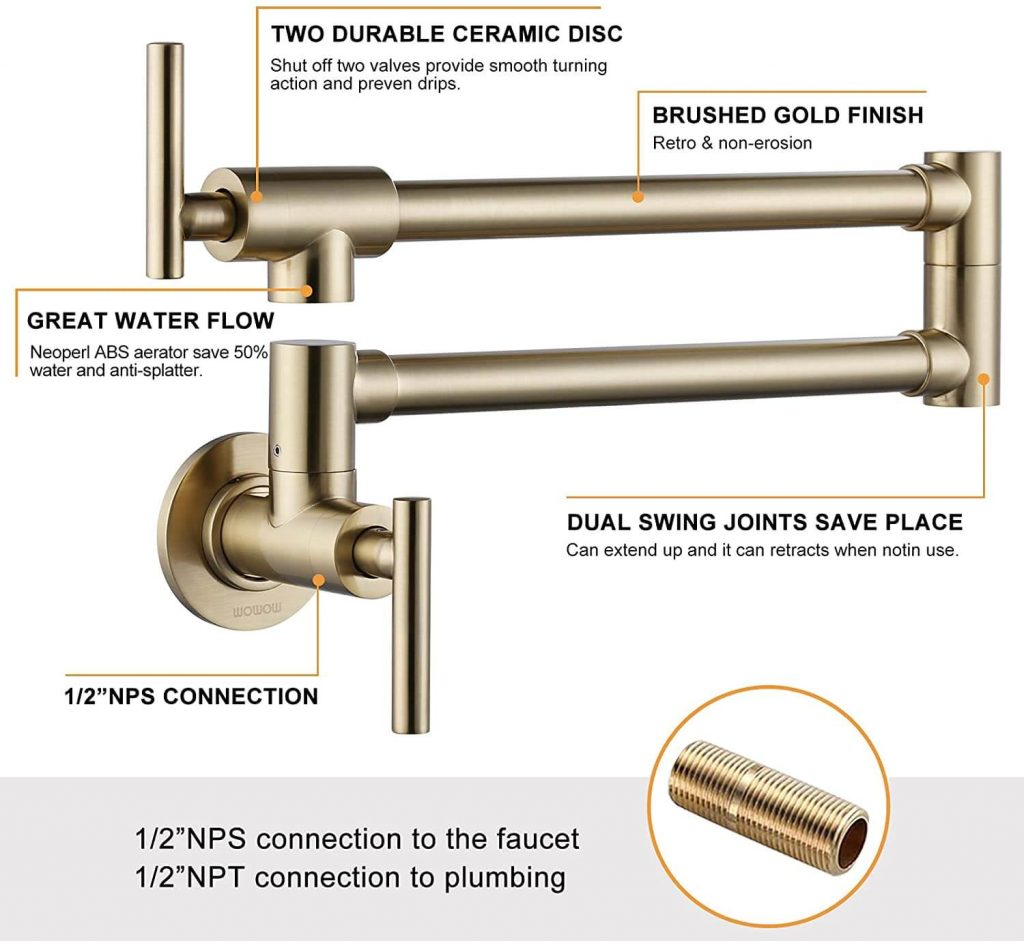 WOWOW Brushed Gold Pot Filler Kitchen Faucet Wall Faucet Over Stove