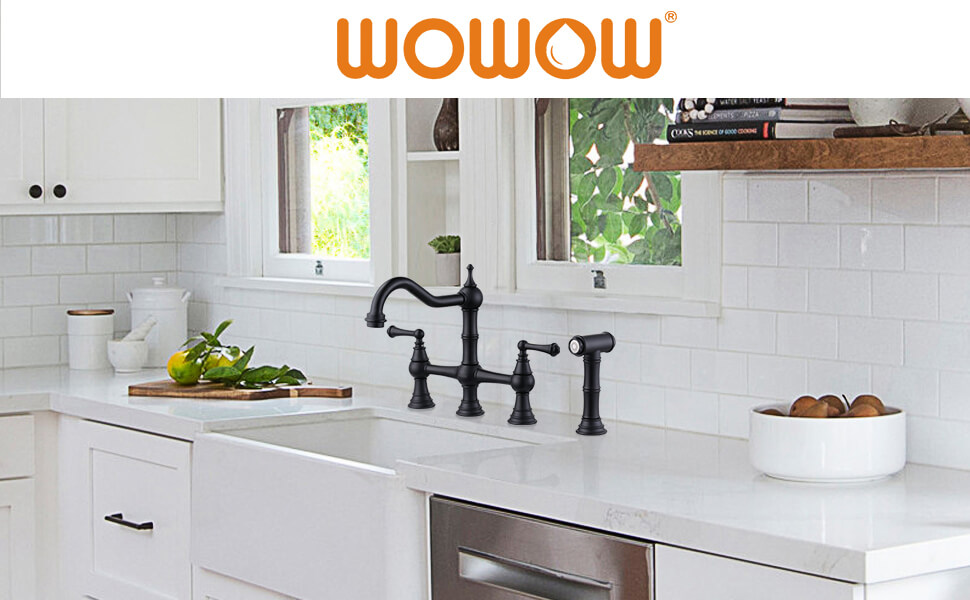 wowow black 4 hole centerset bridge vintage farmhouse kitchen sink faucets with side sprayer