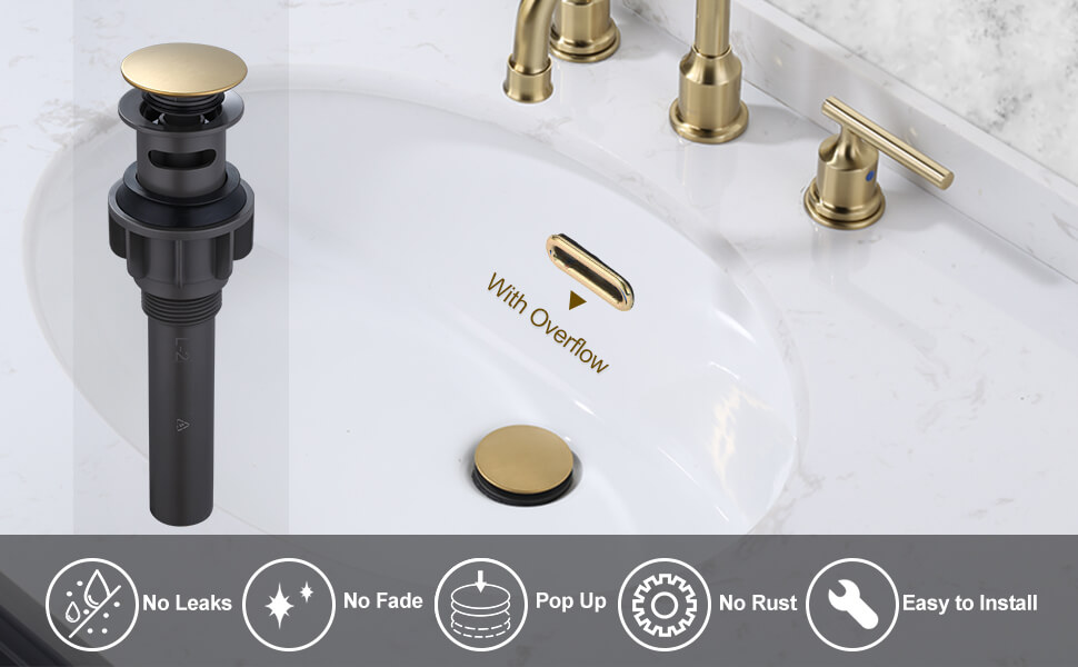 wowow brushed gold bathroom pop up assembly drain stopper for bathroom sink and rv sink with overflow