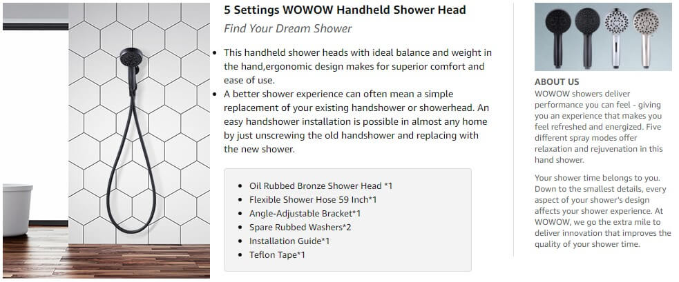 wowow လက်ကိုင် 5 ဆက်တင်ဆီနှင့် ကြေးဝါလက်ကိုင်ရေချိုးခေါင်းများကို ရေပိုက်ဖြင့် ပွတ်ထားသော ရေချိုးခေါင်း