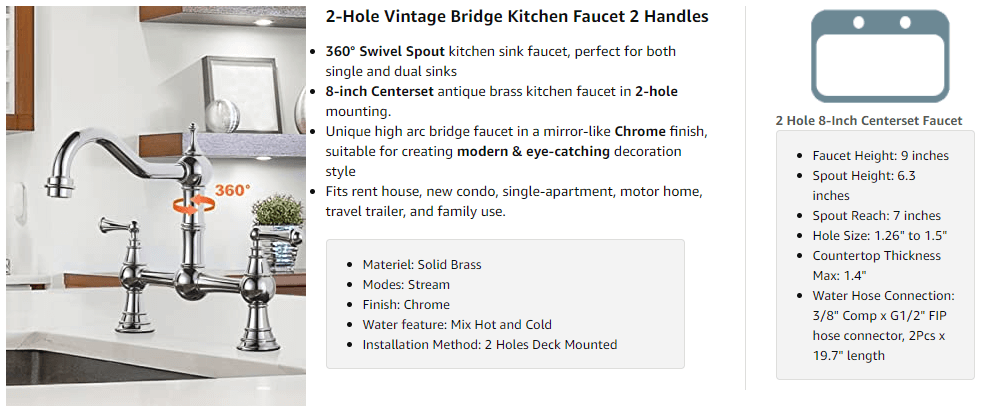 Chrome 8 inch Centerset Classic Heritage Bridge Faucet Kitchen Tap Vintage - Kitchen Faucets - 2