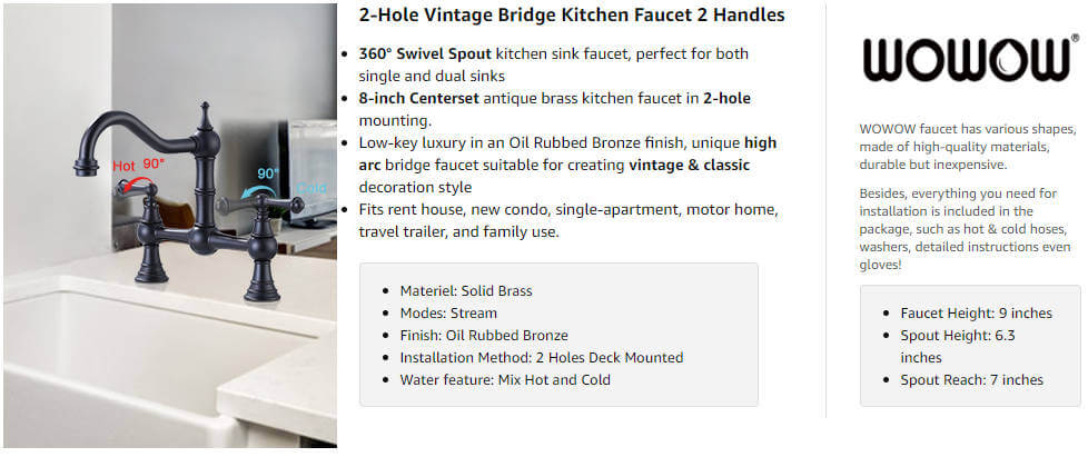 wowow oil rubbed bronze 8 inch-centerset bridge faucet for farmhouse sink