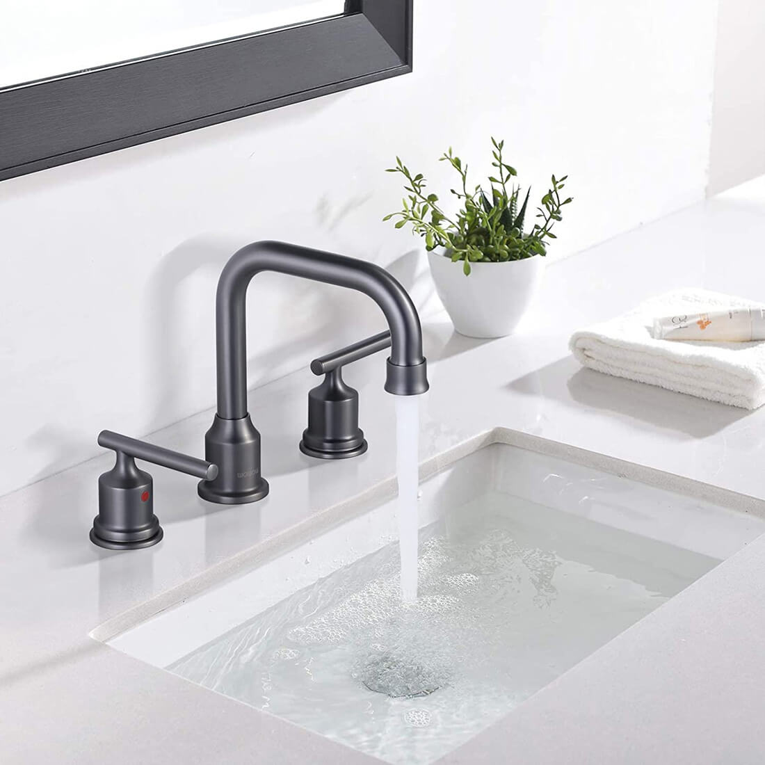 wowow widespread gunmetal grey bathroom faucet with drain and supply lines