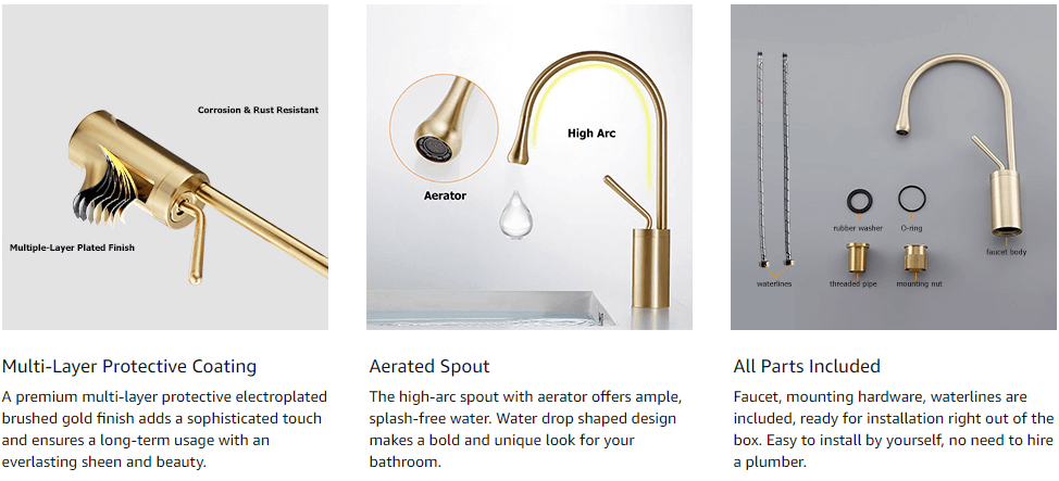 brushed gold high arc spout bathroom faucet