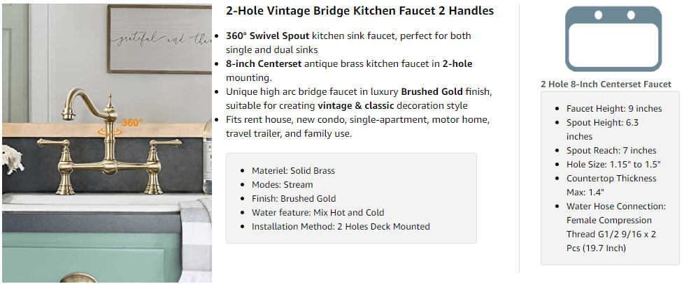 8 Inch Farmhouse Gold Bridge Kitchen Faucet Kitchen Tap Vintage - Kitchen Faucets - 2