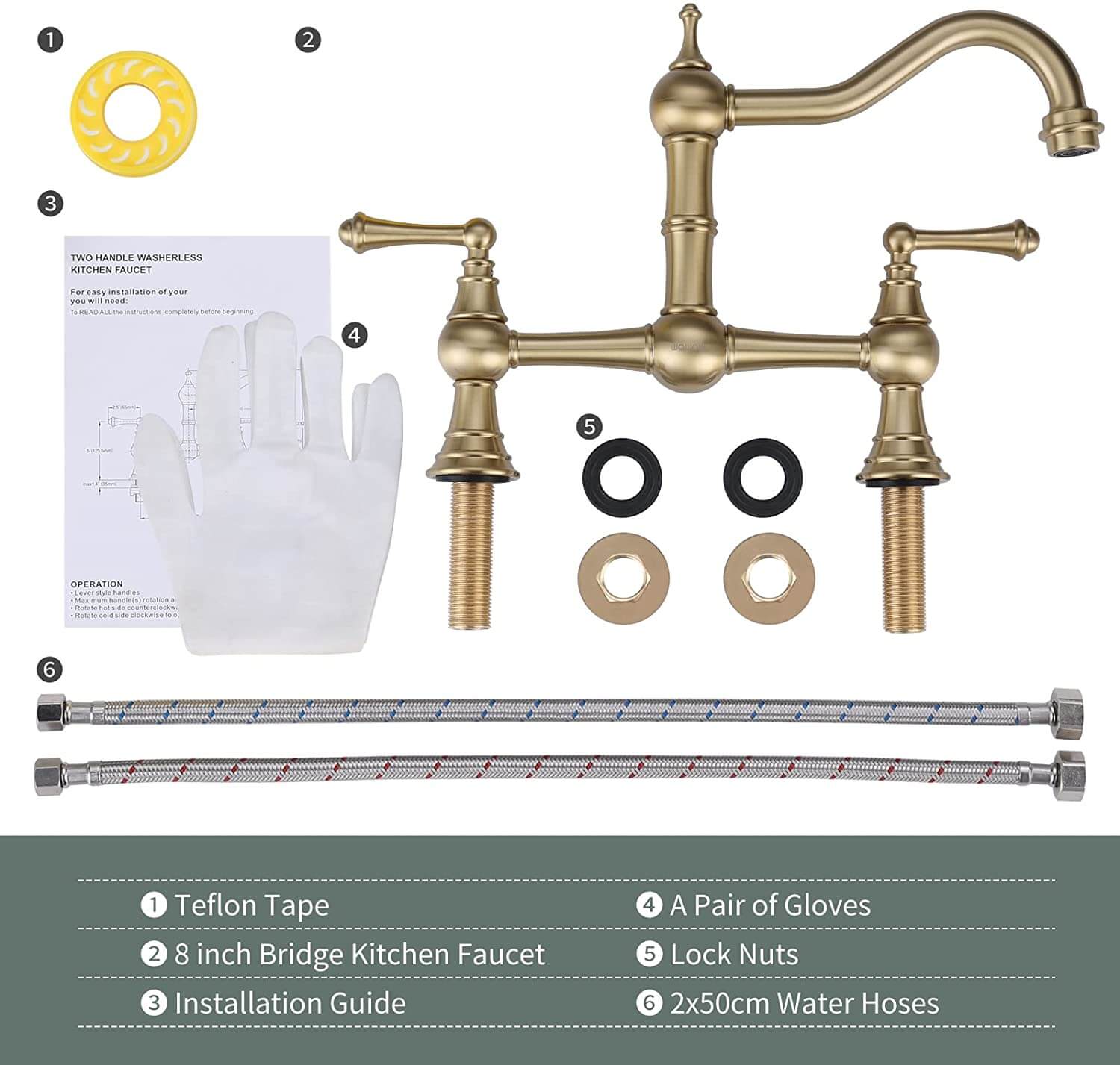 wowow 8 inch gold bridge kitchen faucet