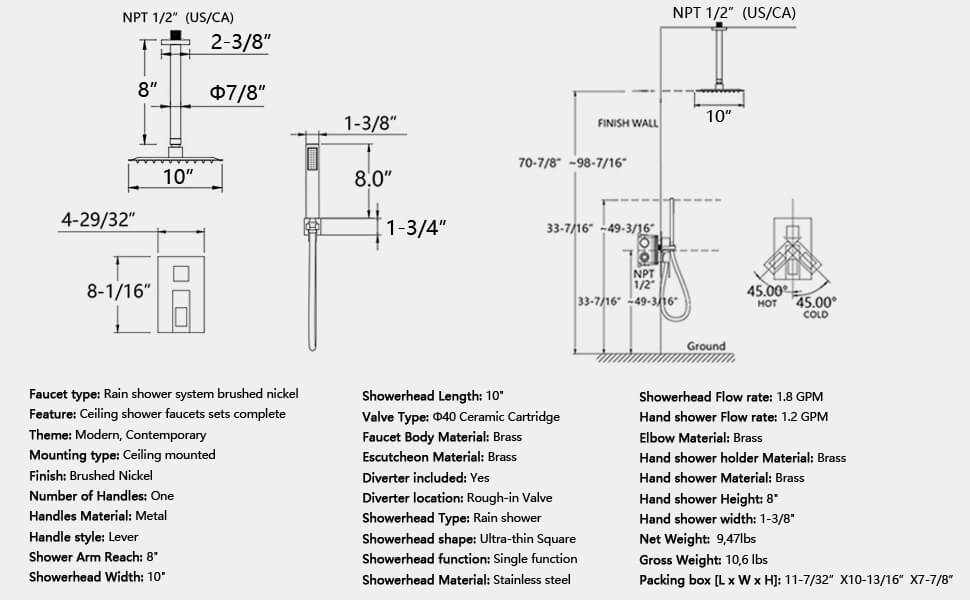 brushed nickel ceiling mounted rain shower head system with handheld