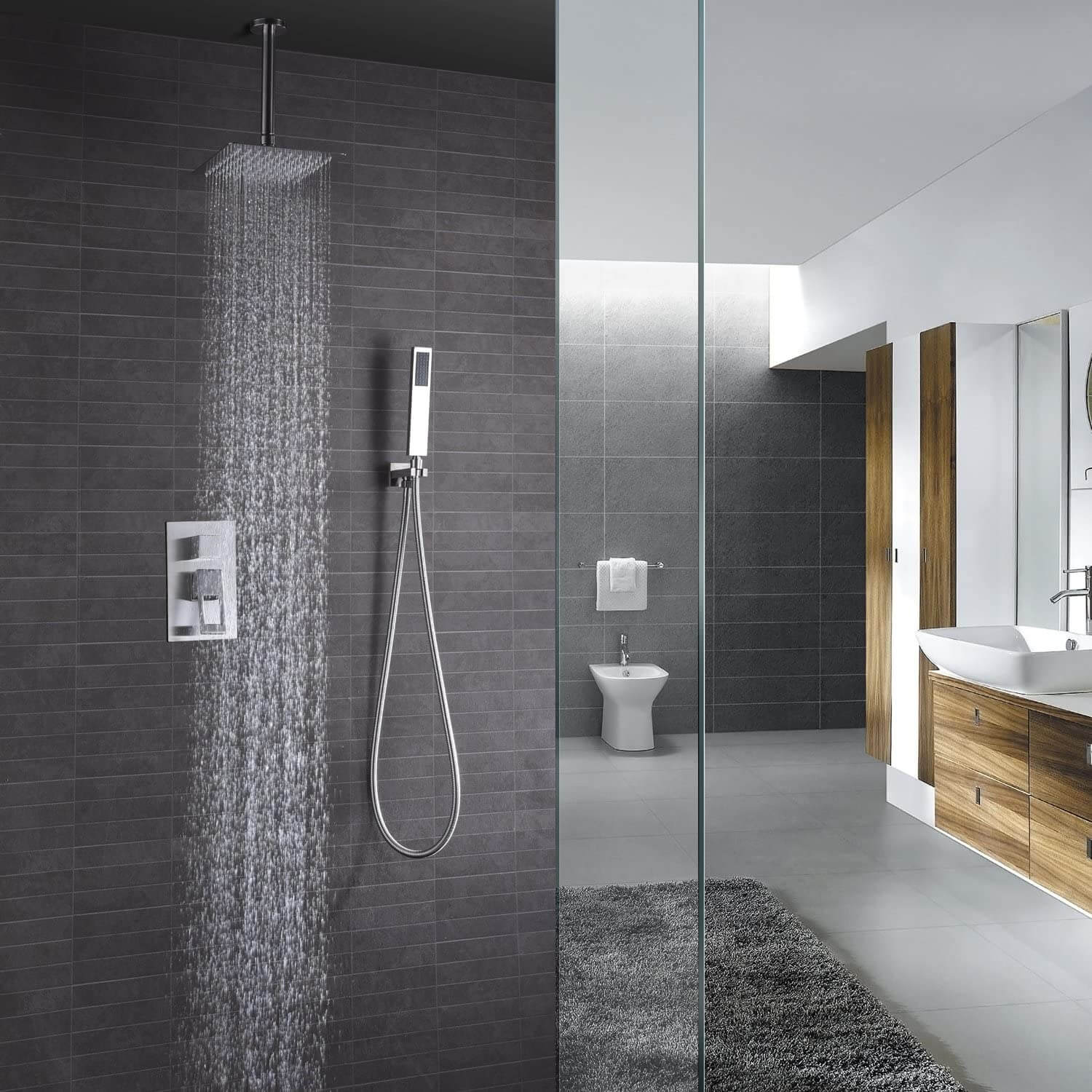 brushed nickel ceiling mounted rain shower head system with handheld