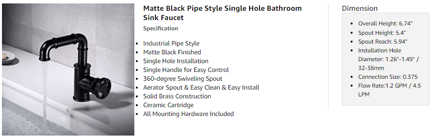 matte black industrial pipe bathroom faucet