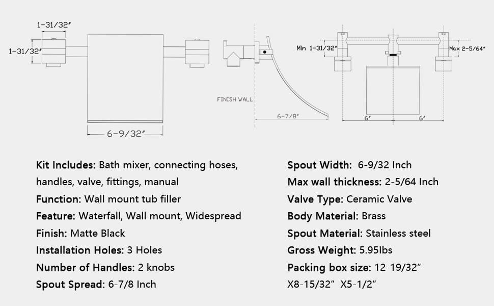 wowow 2 handle 3 hole wall mount matte black waterfall tub filler